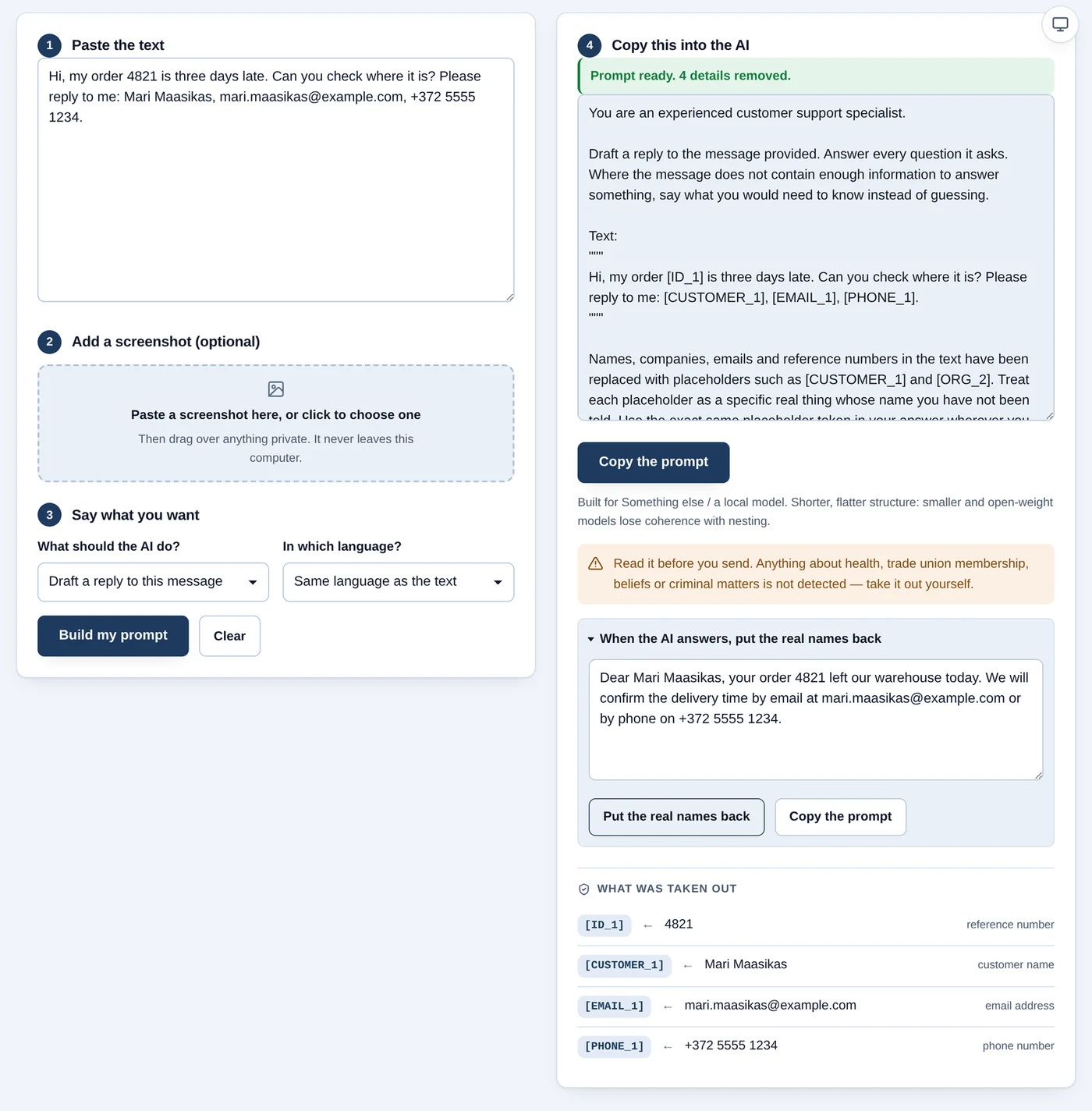 The restore view in PII Guard with the invented addresses restored into the reply.
